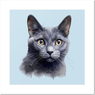 Russian Blue Cat portrait Posters and Art